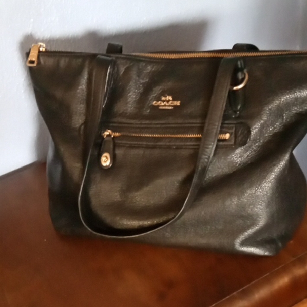 Coach Black Leather Tote with Gold Accents